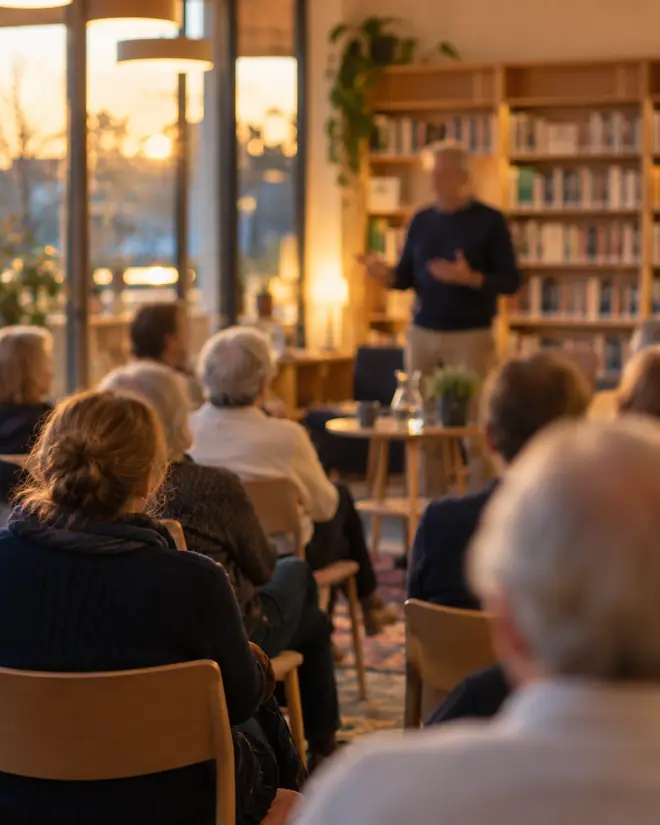 Foredrag i en forening med publikum i lyst lokale